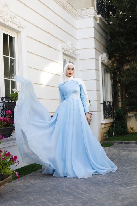 Modest dress
Hijab dress
Gown dress
Blue dress 
Hijab fashion
Hijab ideas
Princess dress Hijab Dress Party Engagement Simple, Hijab Dress Party Engagement, Hijabi Dresses Soiree, Circle Skirt Outfits, Turkish Hijab, Simple Long Dress, Simple Evening Dress, Eid Images, Hijab Beauty