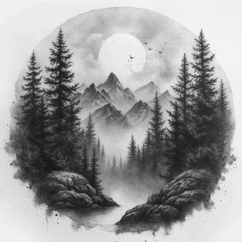 Forest Tattoo Sleeve Design, Forest Tattoo Sleeve, Forest Forearm Tattoo, Wilderness Tattoo, Tree Silhouette Tattoo, Scenery Tattoo, Mountain Sketch, Forest Tattoo, Scene Tattoo