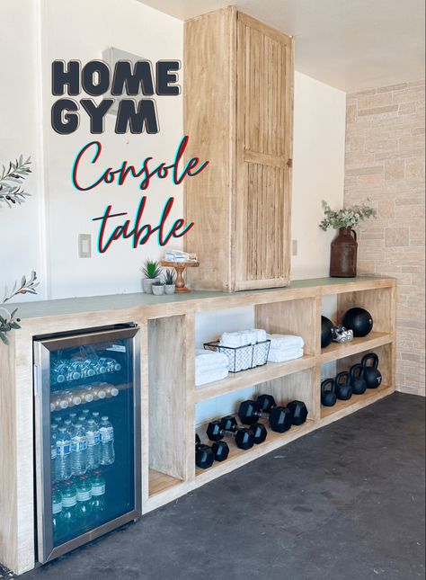 Modern Console Table - Nailgun Nelly DIY Home Renovations Home Gym Shelves, Home Gym Weight Storage, Gym Weight Storage, Home Office Gym Combo, New Home Organization, Gym Makeover, Gym Basement, Diy Home Renovations, Mini Gym At Home Ideas