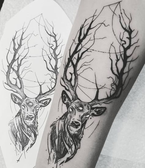 Deer Forearm Tattoo, Paganism Tattoo, Owlbear Tattoo, Leshy Tattoo, Dark Nature Tattoo, Woodland Tattoo Sleeve, Wendigo Tattoo, Magic Concept, Frankenstein Tattoo