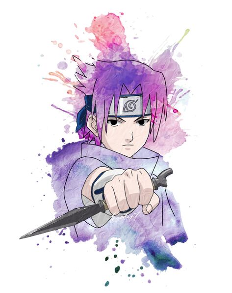 Sasuke Watercolor, Naruto Watercolor Painting, Anime Drawing Watercolor, Sasuke Painting, Naruto Watercolor, Sasuke Uchiha Drawing, Water Colour Sketch, Sasuke Drawing, Watercolor Painting Easy