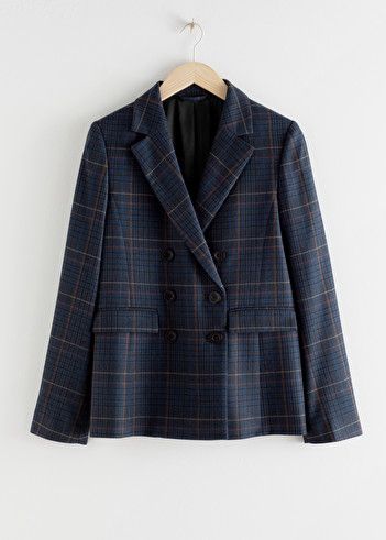 Wool Blend Plaid Blazer - Navy Check - Blazers - & Other Stories DK Blazer Dress Outfits, Oversized Blazers, Classic Wardrobe Essentials, Floral Shirts, Sewing Things, Checked Blazer, Classic Wardrobe, Long Sleeve Turtleneck, Casual Clothes