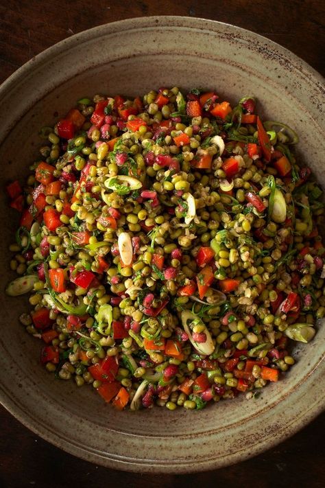 The colors alone make us want this Mung Bean Salad With Pomegranate. The Turkish chef Musa Dagdeviren shared this recipe with Wall Street Journal for a salad packed with pomegranate, a fruit rich in antioxidants believed to be beneficial to brain function. If you can’t find fresh seeds, frozen ones will work nicely here. #vegan #glutenfree Mong Beans Recipe, Mung Bean Recipes, Mung Bean Salad, Vegan Bean Salad, Salad With Pomegranate, Fresh Fruit Salad, Bean Salad Recipes, Monday Inspiration, Mung Bean