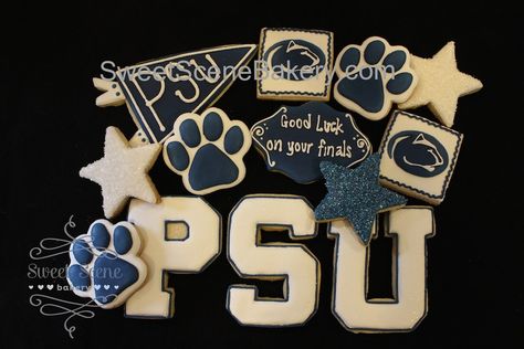 Penn State Cookies Decorated, Penn State Cookies, Grad Cookies, Paw Cookies, Royal Cookies, Sports Cookies, Graduation Treats, Bed Party, Cutout Cookies