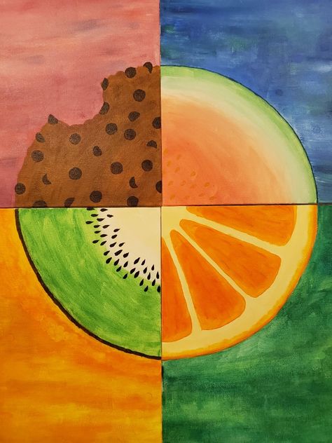 It's art Fruit Easy Painting, Fruit Painting Easy, Fruit Canvas Painting, Dragon Fruit Drawing, Kiwi Painting, Multi Canvas Painting, Fruit Collage, Watermelon Painting, Canvas Art Painting Abstract