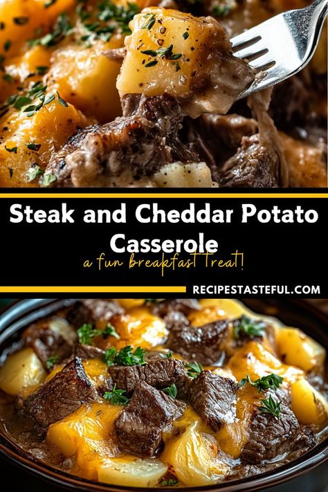 Slow Cooker Steak and Cheddar Potato Casserole is a comforting, hearty dish with tender steak, creamy cheddar cheese, and perfectly cooked potatoes. Easy to make and perfect for busy weeknights! #SteakAndPotatoCasserole #SlowCookerMeals #ComfortFood Slow Cooker Steak And Cheddar Potatoes, Diced Steak Recipes Slow Cooker, Slow Cooker Steak & Cheddar Potato Casserole, Beef And Mashed Potato Casserole, Chipped Steak Recipes Slow Cooker, Recipe Using Steak, One Pot Steak Meals, Beef Shoulder Steak Recipes Slow Cooker, Christmas Meal Ideas Crock Pot