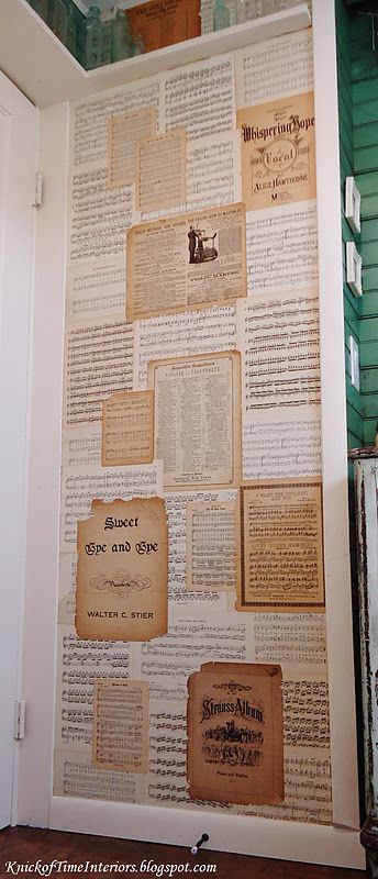 She used antique sheet music as "wall paper" -- from Knick Of Time Music Sheet Wallpaper, Sheet Music Wallpaper, Decoupage Wall, Piano Shop, Page Wall, Vintage Style Bathroom, Wallpaper Crafts, Old Wooden Boxes, Future Music