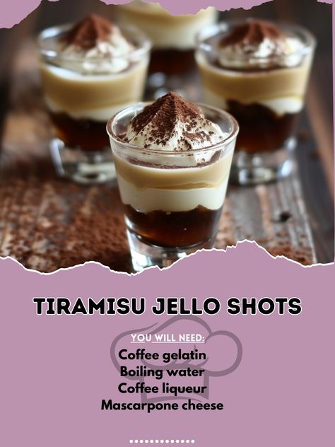 ☕🍰 Delve into the richness of Tiramisu Jello Shots! A dessert turned party starter. #TiramisuTreat Tiramisu Jello Shots Ingredients: Coffee gelatin (1 package) Boiling water (1 cup) Coffee liqueur (1/2 cup) Mascarpone cheese, softened (1/2 cup) Instructions: Dissolve coffee gelatin in boiling water. Whisk in coffee liqueur and mascarpone until smooth. Pour into shot glasses, chill until set. ☕🍫 Embrace the layers of coffee and creamy mascarpone in this unique take on the classic Italian des... Tiramisu Shots Recipe, Tiramisu Shots, Shots Alcohol, Coffee Liqueur, Yummy Alcoholic Drinks, Italian Dessert, Party Starters, Mascarpone Cheese, Jello Shots