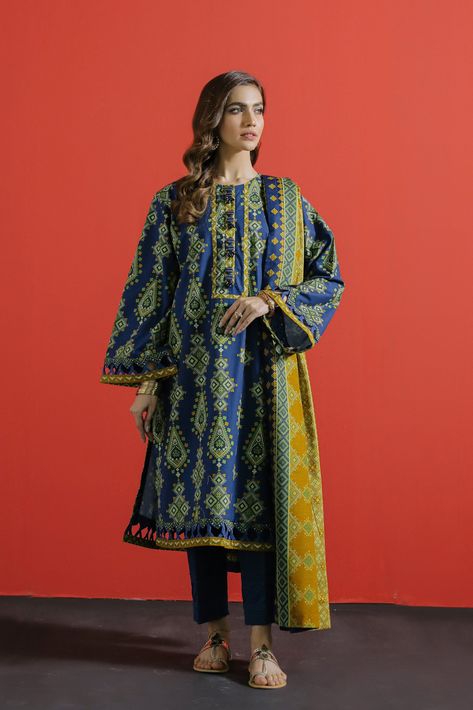 Ethnic Winter Collection 21 - E0009/202/703 Ethnic Winter Collection 21 -  100% Original Guaranteed Unstitched Dress Material  Details: -Printed Khaddar Shirt 2.94 Mtr -Printed Khaddar Shawl 2.54 Mtr -2 Piece -Dark Green Color   Shipping Time : (Approximate Arrival Date of First Batch of Products from Designer)  All orders will be dispatched after stock Arrival date in India  15 NOV... Khaddar Dresses Design, Pakistani Kurti Designs, Pakistani Wear, Best Designer Suits, Stylish Kurta, Ethnic Clothes, Designer Summer Dresses, Long Frock Designs, Pakistani Clothes