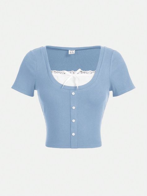 Teen Girls' Sweet And Lovely Short Sleeve T-Shirt With Bowknot And Color Block Design, Summer Dusty Blue Casual  Short Sleeve Knitted Fabric Plain  Medium Stretch  Teen Girls Clothing, size features are:Bust: ,Length: ,Sleeve Length: Baby Blue Shirt, Fancy Shirt, Retro Tops, Shirts For Teens, Girls Sweet, Teen Girls, Girls Clothing