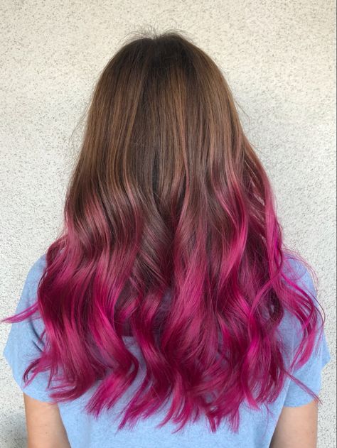 Pink Red And Brown Hair, Dyed Tips On Brown Hair, Hair Dye Ideas Ends Of Hair, Pink Hair Ends Blondes, Color On The Ends Of Hair, Hair Color On Ends Of Hair, Hair End Color, Hot Pink Brown Hair, Brown Hair Colored Ends