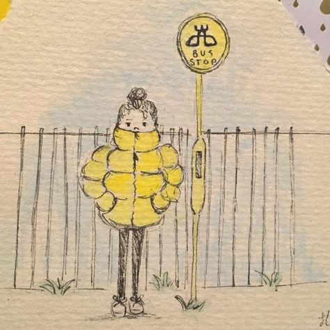 Holly Amber Stewart on Instagram: “Waiting at the bus stop illustration #illustration #bus #stop #busstop #yellow #watercolour #pufferjacket #paint #drawing #painting…” Bus Stop Illustration, Bus Stop Drawing, Waiting At Bus Stop, Stop Illustration, Bus Illustration, Bus Drawing, Bus Stand, Paint Drawing, Sketches Pencil