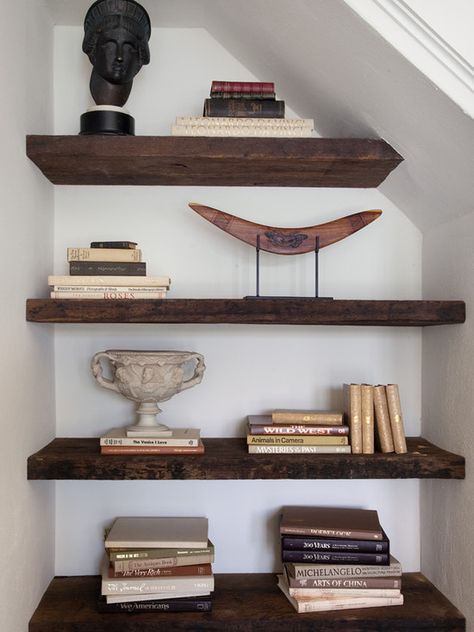 Long floating shelves ~ under the stairs idea Shelves Under Stairs, Dark Wood Shelves, Farmhouse Staircase, Wood Shelves Kitchen, Alcove Shelves, Contemporary Staircase, Reclaimed Wood Shelves, Wood Wall Shelf, Living Room Shelves