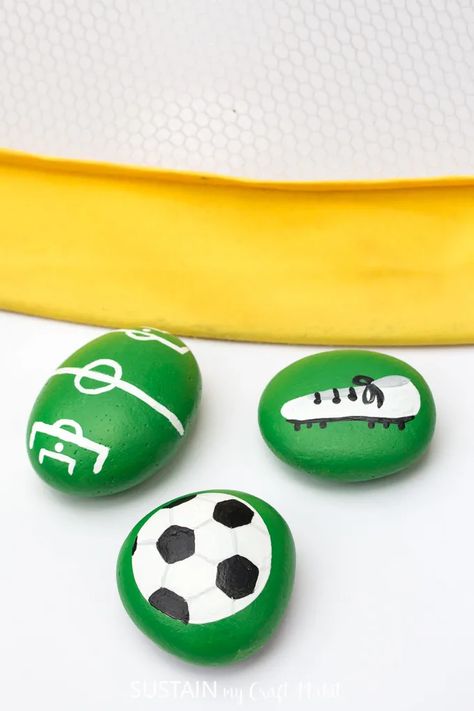 Painted Soccer Rocks – Sustain My Craft Habit Football Rock Painting, Painted Shark Rock, Rock Painting Idea, Soccer Crafts, King Painting, Inexpensive Crafts, Party 2023, Acrylic Paint Brushes, Circle Outline