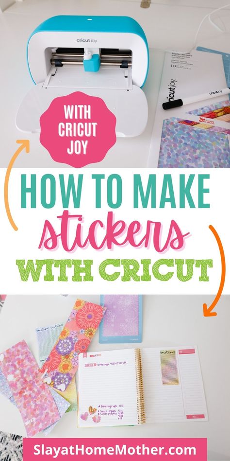 Learn how to make stickers with your Cricut Joy - without using the Print Then Cut feature (which isn't compatible with Cricut Joy!). This tutorial has helpful step-by-step instructions and detailed Design Space screenshots to help you make your own planner stickers. #cricutmade #cricutjoy #slayathomemother #cricutcrafts #plannerstickers *shoppable affiliate links added to this pin. Making Stickers With Cricut Joy, Cricut Joy Marker Projects, Cricut Joy Party Favors, Making Stencils With Cricut Joy, Cricut Joy Craft Ideas, Stickers Cricut Joy, Cricut Projects Beginner Stickers, Cricut Joy Decorate Machine Ideas, Cricut Joy Stickers How To Make