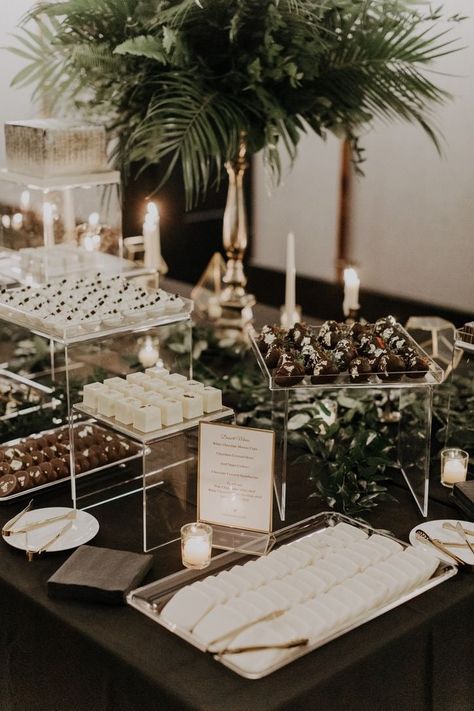 Wedding Dessert Table Classy, Greenery On Dessert Table, 2023 Wedding Dessert Trends, Modern Buffet Table Decor, Dessert Table Display Wedding, Engagement Party Ideas Decorations Decor Dessert Tables, Wedding Dessert Table Ideas Modern, Winter Wedding Dessert Table Ideas, Minimalist Dessert Table Wedding