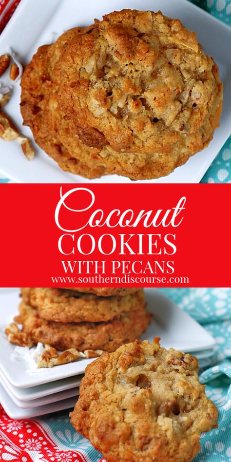 Easy & deliciously chewy coconut cookies are loaded with shredded coconut, chopped pecans, a hint of cinnamon and tons of yum! #coconutrecipes #easycookierecipes #pecanrecipes Cookies With Pecans And Coconut, Pecan And Coconut Cookies, Chewy Coconut Pecan Cookies, Coconut Pecan Cookies Recipes, No Bake Coconut Pecan Cookies, Chewy Coconut Cookies Recipes, Ranch Cookies Recipe, Cinnamon Pecan Cookies, Easy Pecan Cookies Recipes