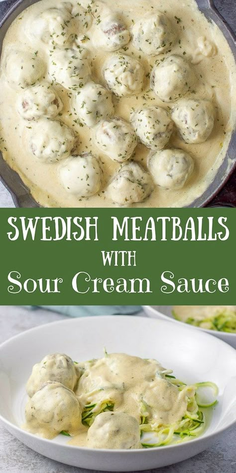 These Swedish meatballs are moist and delicious, especially with my popular sour cream sauce!!  Ladle them on zoodles or egg noodles for a delightful dinner! #dinner #supper #meatballs #swedishmeatballs #dishesdelish #dishesdelishrecipes https://ddel.co/smwscs via @dishesdelish Sour Cream Dinner Recipes, Sour Cream Recipes Dinner, Swedish Cream, Meatballs Swedish, Meatballs Sauce, Meatball Recipes Easy, Cream Sauce Recipes, Sour Cream Sauce, Gf Flour