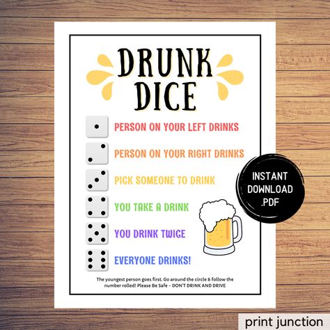 Drunk Dice Drinking Game, Virtual Party Games, Left Right Drink Party Game, Drunk Dice Game, Adult Party Games, Instant Download, Drunk Game Drunk Dice Game, Virtual Party Games, Easy Drinking Games, 1st Birthday Games, Drunk Games, 1st Birthday Party Games, Alcohol Games, White Trash Party, Trash Party