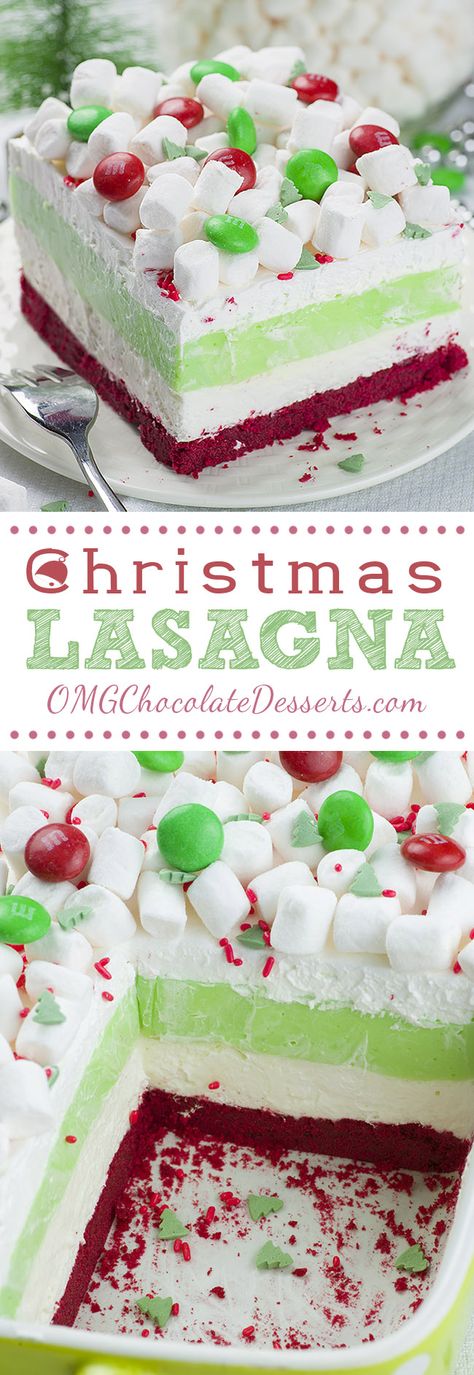 Christmas Lasagna is whimsical layered dessert that will be a hit at your Christmas gathering! Christmas Lasagna, Christmas Cheesecake, Peppermint Cheesecake, Layered Dessert, Low Carb Dessert, Christmas Sweets, S'mores, Christmas Gathering, Oreo Cheesecake