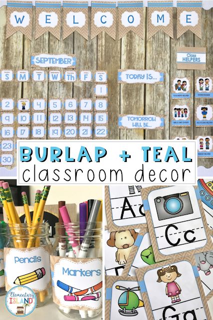 Teal Classroom Decor, Teal Classroom, Burlap Classroom Decor, Burlap Classroom, Kindergarten Classroom Themes, Nature Classroom, Holiday Classroom Activities, Farmhouse Classroom, Full Calendar