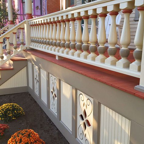 Historic Porch Railing Restoration (6) 750p Porch Skirting Ideas, Farmhouse Porch Railing, Porch Skirting, Wood Porch Railings, Skirting Ideas, House Skirting, Porch Railing Designs, Veranda Design, Front Porch Railings