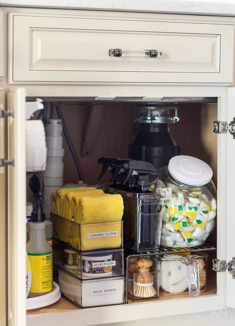 Under the Kitchen Sink Organizers & Cabinet Solutions - Kelley Nan Bathroom Closet Organization Ideas, Under The Kitchen Sink Organization, Kitchen Sink Organizers, Under The Sink Organization, Under Kitchen Sink, Bathroom Closet Organization, Under Kitchen Sink Organization, Kitchen Sink Organization, Closet Organization Ideas