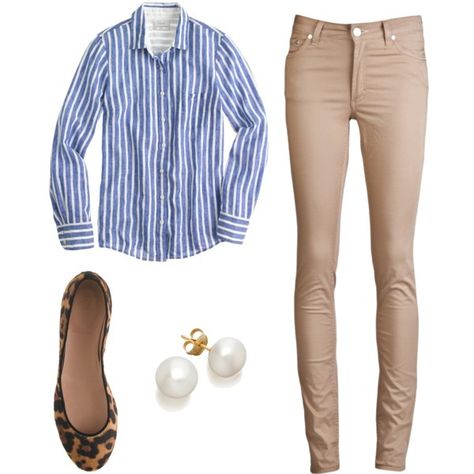 "School Day" by elizabethandre on Polyvore --my take tan skinnies, chambray top, pearl earrings, black flats and leopard scarf. Business Outfits, Business Casual Outfits, Khaki Pants Outfit, Blue Striped Shirt, Beige Pants, Beauty Basics, Business Outfit, Winter Outfit, Insta Makeup