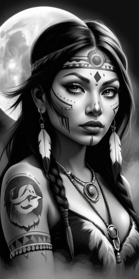 Native American Warrior Tattoos For Women, Indian Woman Tattoo Design, Native American Indians Women, Native American Indians Tattoo, Native Girl Tattoo, Indian Girl Tattoo, Native American Queen, Indian Women Tattoo, Girl Tattoo Design