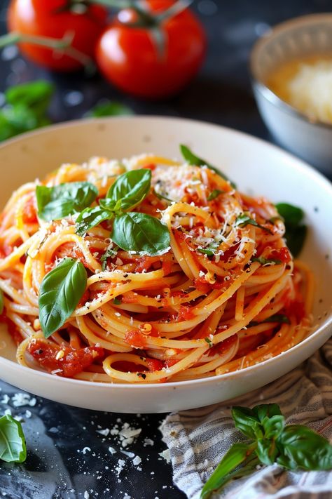 Indulge in the classic flavors of Pasta Pomodoro with this easy-to-follow recipe. This dish combines al dente pasta with a rich tomato sauce, garlic, basil, and fresh Parmesan cheese for a truly comforting meal. Whether you're a cooking novice or a seasoned chef, this recipe is sure to impress your taste buds and satisfy your cravings. Perfect for a cozy dinner at home or entertaining guests, Pasta Pomodoro is a versatile dish that never fails to please. Pasta Esthetics, Shrimp Pomodoro Pasta, Pasta Dishes Aesthetic, Italy Food Recipes, Pasta Presentation, Fresh Tomato Pasta Recipes, Spaghetti Aesthetic, Pasta Food Photography, Pasta Pomodoro Recipe