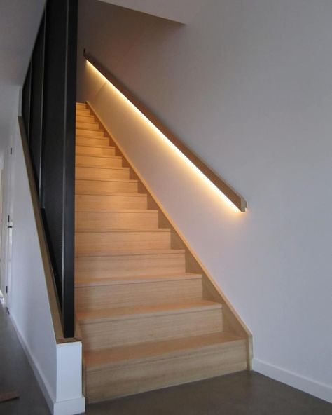 Thirteen Building Group on Instagram: “He's rather handy.. Our director and builder (Simon) made this illuminated LED hand rail, creating a moody feature to this timber…” Handrail With Lighting, Modern Hand Rail Design, Hand Rail Lighting, Handrail With Light, Hand Rail Stairs, Hand Rails For Stairs Modern, Led Handrail, Amazing Basements, Led Stairs