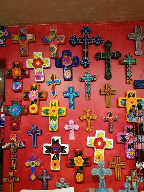 Mexican Crosses Wall Folk Art, Wall Of Crosses Ideas, Wall Of Crosses, Mexican Cross, Mexican Folk Art Decor, Mexican Style Decor, Mexican Wall Decor, Hand Painted Crosses, Mexican Kitchen Decor