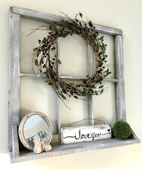 Beautiful chippy window with a DIY shelf added to the bottom. Beautiful patina! Homeroad.net  #window #windows #shelving #rustic #farmhousestyle #repurposedwindow #patina #repurposed Old Window Crafts, Old Window Decor, Window Frame Decor, Old Window Projects, Old Window Frames, Primitive Bedroom, Old Window Frame, Window Crafts, Window Shelves