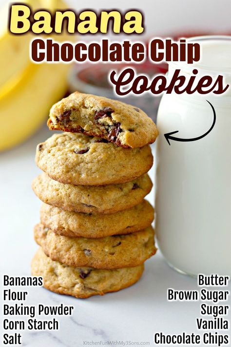 Banana Chocolate Chip Cookies are the perfect, soft, chewy cookie you're craving. Fresh banana gives an extra flavor boost to the cookies while also making them so soft, you'll be surprised there are no eggs in this recipe! #cookies #banana #food #recipe #yummy Cookies Banana, Banana Food, Banana Pudding Cookies, Amazing Cookie Recipes, Eggless Chocolate Chip Cookies, Banana Chocolate Chip Cookies, Gooey Chocolate Chip Cookies, Banana Bread Cookies, Recipe Cookies