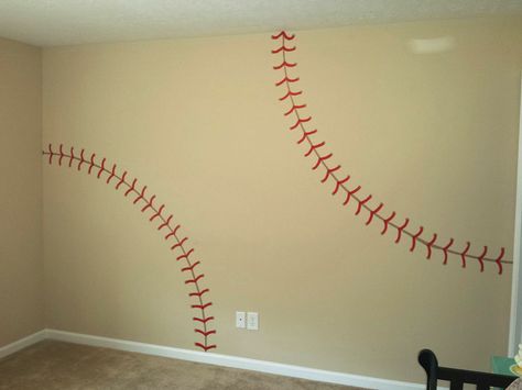 DIY Baseball Wall Idea for a little boys room! Paint idea Baseball Themed Bedroom, Sports Room Boys, Boy Room Paint, Baseball Bedroom, Ball Painting, Sport Bedroom, Baseball Room, Baseball Wall, Basketball Wall