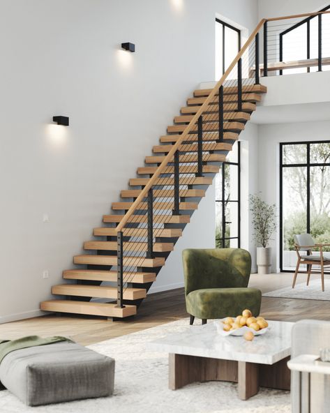 The RISE Floating Stair Kit is designed with simplicity and ease of order in mind. To order, simply select your wood species (wood type) (4 Wooden Staircase Railing, Stair Railing Ideas, Remodel Stairs, Stairs Railing, Interior Stair Railing, Stair Kits, Stair Design, Stair Rail, Railing Ideas