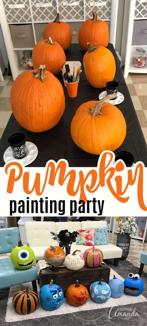 So many fun ideas! Have a pumpkin painting party with your friends, lots of tips, recipes, and more! #pumpkinpainting #partyideas #pumpkinparty #fallparty #halloweenparty #halloween #halloweendecor #halloweencraft #paintingpumpkins #craftsbyamanda Pumpkin Decorating Party, Pumpkin Painting Party, Creative Pumpkin Painting, Painting Pumpkin, Pumpkin Carving Party, Halloween Pumpkins Painted, Creative Pumpkins, Pumpkin Carving Templates, Painting Party