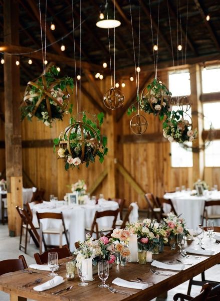 Modern + rustic wedding reception decor - hanging wedding decor - rattan spheres with greenery and string lights {Ashley Cox Photography} Barn Wedding Reception Decorations, Rustic Barn Wedding Reception, Hanging Centerpiece, Wedding Ceiling, Rustic Wedding Decorations, Barn Wedding Reception, Rustic Wedding Reception, Barn Wedding Decorations, Barn Decor