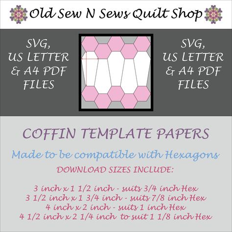 COFFIN EPP TEMPLATES - HEXAGON COMPATIBLE It’s never too late to start on a project for next years HalloweenCoffin Quilts have a long history with examples being seen from the American Civil War.We are making good use of them now, with other Coffin T... English Paper Piecing Coffin, Coffin Quilt Template, Coffin Template, Coffin Quilt, Never Too Late To Start, Halloween Coffin, Diy Things, Halloween 2023, Paper Piecing Patterns