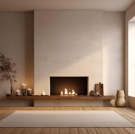 Japandi Style Fireplace, European Modern Fireplace, Scandinavian Interior Fireplace, Fireplace Japandi, Japandi Fireplace Design, Sand Color Interior, Floating Fireplace Wall, Off Centered Fireplace Ideas, Zen Fireplace