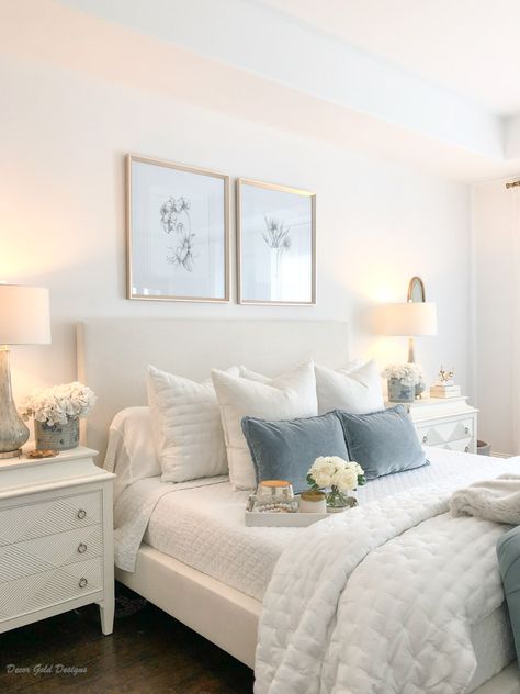 Top Posts of 2019 - Decor Gold Designs Simple Classy Room Ideas, Blue Chic Bedroom, Cute Clean Bedroom Ideas, Home Decor Luxury Elegant, Clean Feminine Bedroom, Bedroom Decor With Gold Accents, Gold And Blue Bedroom Decor, Guest Bedroom Ideas White Furniture, Neutral Bedroom Hint Of Blue