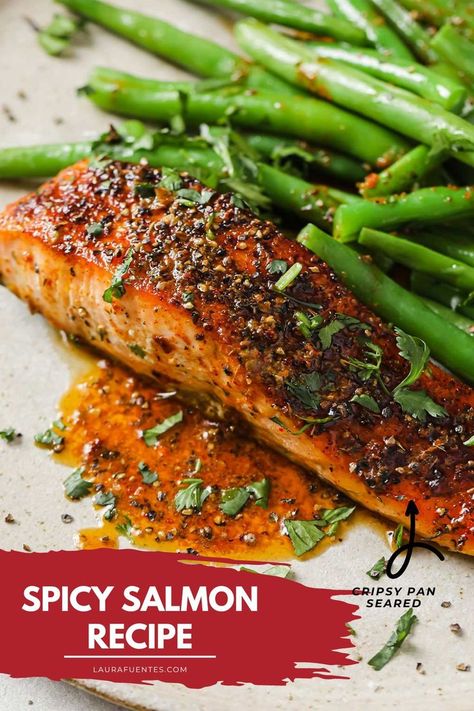 a piece of salmon with green bean side Salmon In A Pan, Spicy Salmon, Salmon Recipe, Pan Seared