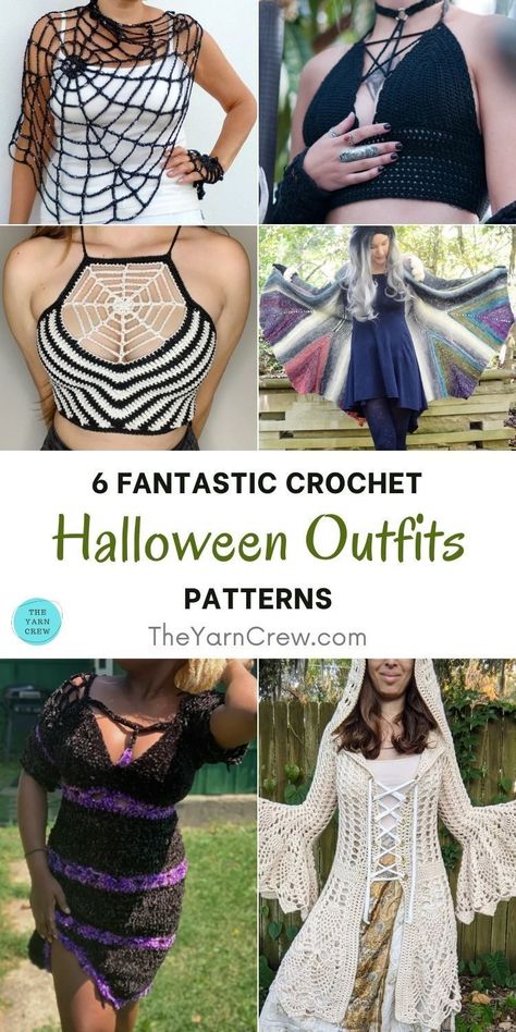 6 Fantastic Crochet Halloween Outfit Patterns. 6 Fantastic Crochet Halloween Outfit Patterns curated by The Yarn Crew. Goth Sewing Patterns Free, Crochet Halloween Costume, Outfit Patterns, Crochet Costumes, Random Clothes, Crochet Wearables, Gilet Crochet, Crochet Halloween, Halloween Crochet Patterns