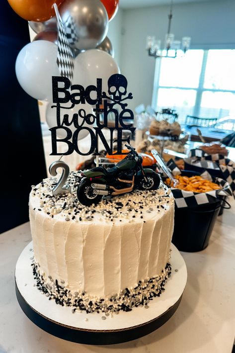 Sparkly black cake topper that has skull and says Bad TWO the Bone in cute font for 2nd birthday party 90s Birthday Party, 2nd Birthday Decorations, Bone Cake, Bad Two The Bone, 90s Birthday, 2nd Birthday Party For Boys, Second Birthday Party, 2nd Birthday Boys, Boys First Birthday Party Ideas