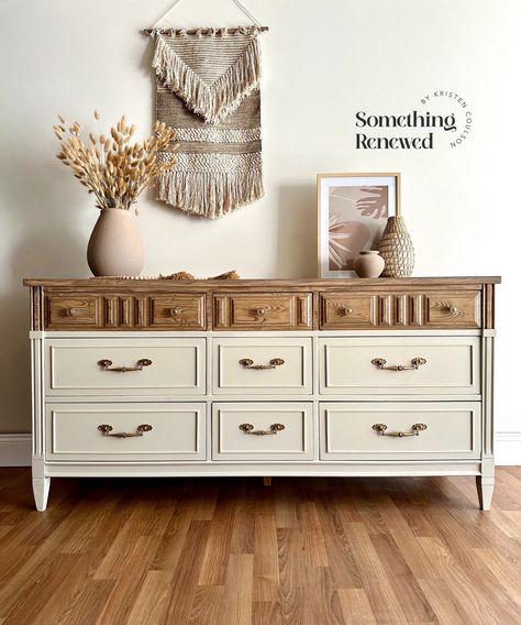 Soldrefinished Cream Solid Wood Dresser - Etsy Two Tone Walnut Dresser, Dresser In The Dining Room, Two Tone Tall Dresser, Neutral Dresser Colors, Dipped Look Furniture, Earth Tone Painted Furniture, Two Toned Wood Dresser, White Furniture With Wood Top, Cedar Dresser Makeover