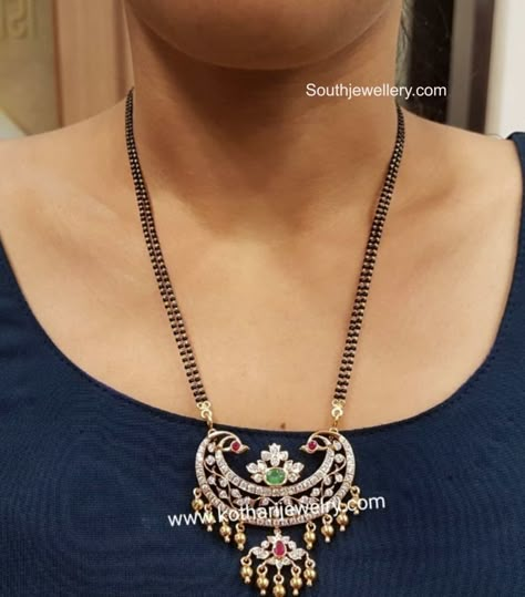 Two lines black beads necklace with diamond pendant Necklace With Diamond Pendant, Black Beads Necklace, Ruby Necklace Designs, Coral Jewelry Set, Simple Jewellery, Black Beads Mangalsutra, Big Pendant, Choker Necklace Designs, Black Beads Mangalsutra Design