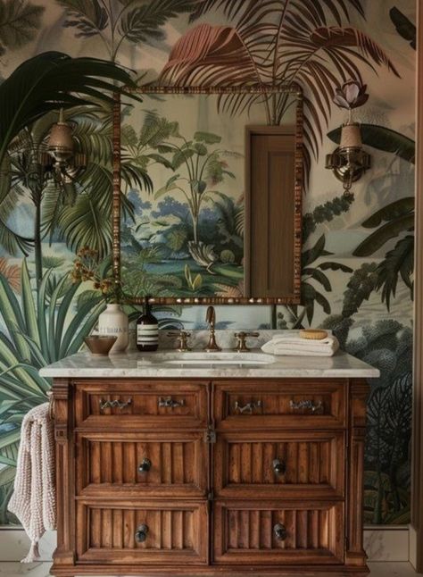 Bright Tropical Wallpaper, Old Florida Interior Design, British Colonial Style Bathroom, Bright Academia Aesthetic, Portuguese Interior Design, Tropical Academia, British Colonial Bathroom, British Colonial Art, Modern British Colonial