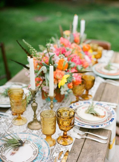 Mismatched Table Setting, Ojai Wedding, Mismatched Plates, Mismatched China, Thanksgiving Color, Colored Glassware, Thanksgiving Tablescapes, Bridal Musings, Big Wedding