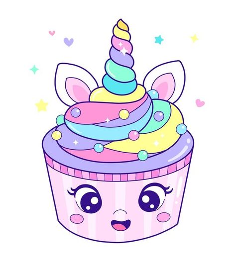 Cute cartoon unicorn cupcake | Premium Vector #Freepik #vector #cupcake-background #sweet-background #pink-cake #cake-illustration How To Draw Cute Cartoon, Unicorn Cake Drawing, Unicorn Cute Drawing, Cartoon Unicorn Drawing, Cartoon Cake Drawing, Cake Drawing For Kids, Doodle Art For Kids, Cute Cake Drawing, Cute Cupcake Drawing