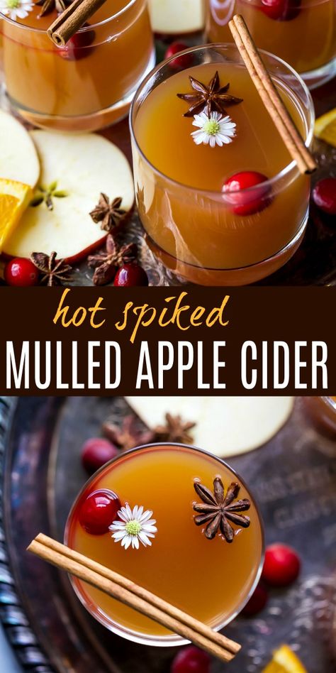 Easy Hot Spiked Mulled Apple Cider Recipe | Holiday Cocktail | Crock Pot Spiked Hot Apple Cider, Mulled Apple Cider Recipe, Spiked Apple Cider, Mulled Apple Cider, Apple Cider Cocktail, Hot Toddies Recipe, Apple Cider Recipe, Fall Cocktails Recipes, Cider Recipe